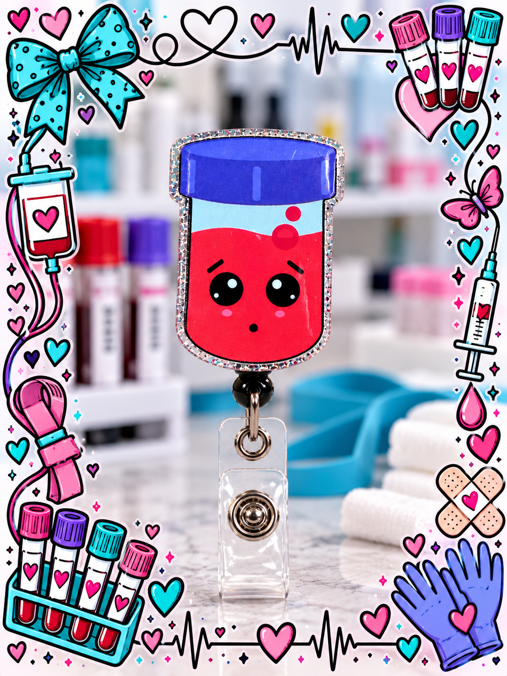 Red blood vial badge reel displayed with laboratory-themed accessories