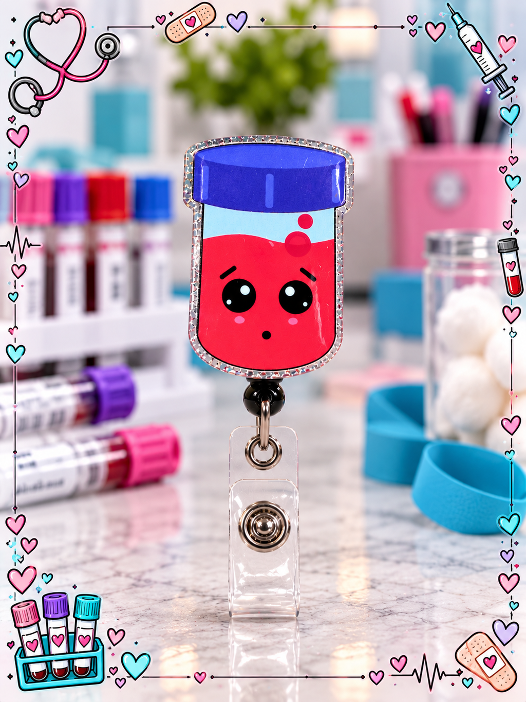 Blood vial character badge reel with clear snap strap in a phlebotomy-themed display