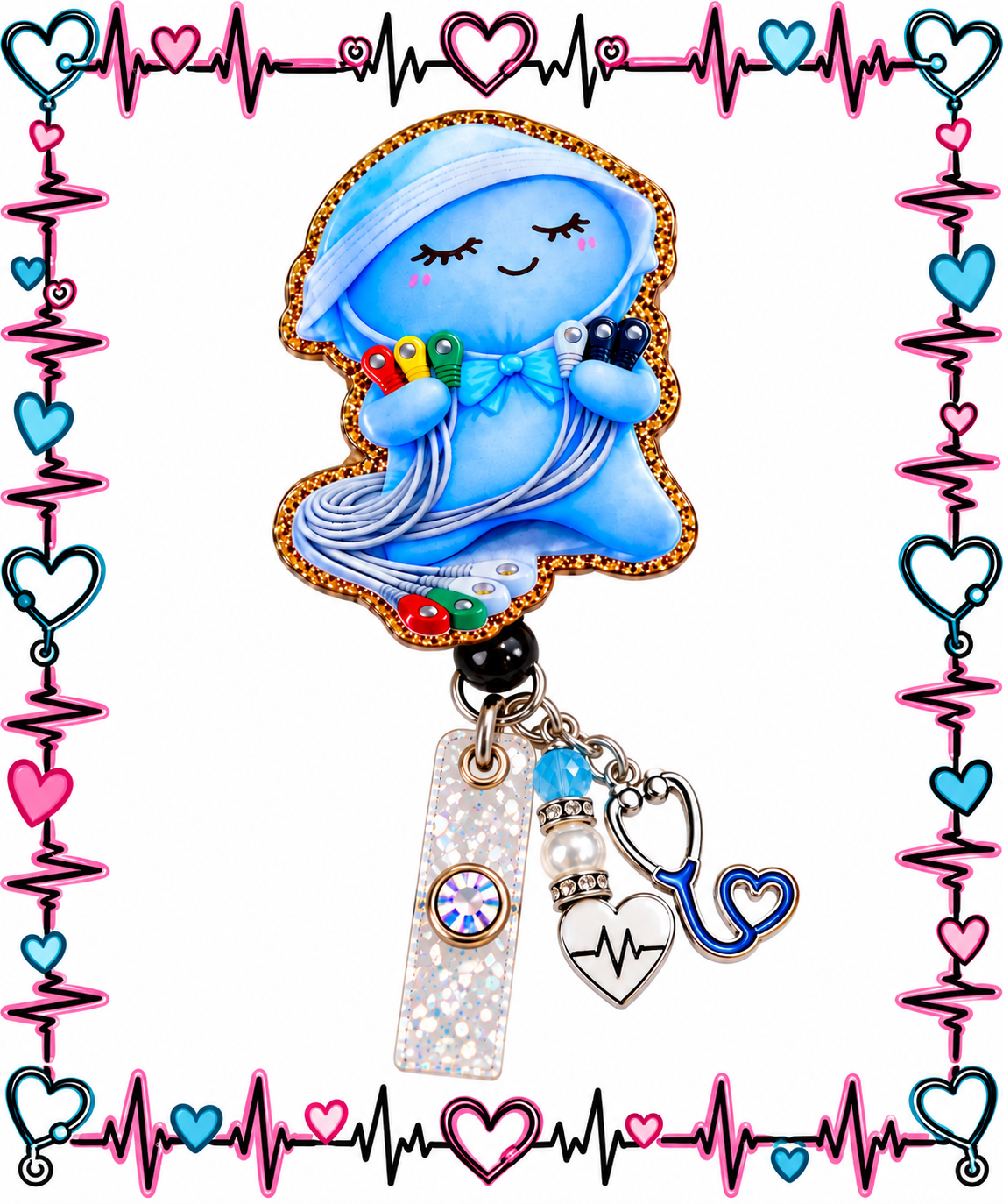 Blue EKG character badge reel with colorful lead artwork and gold glitter edging