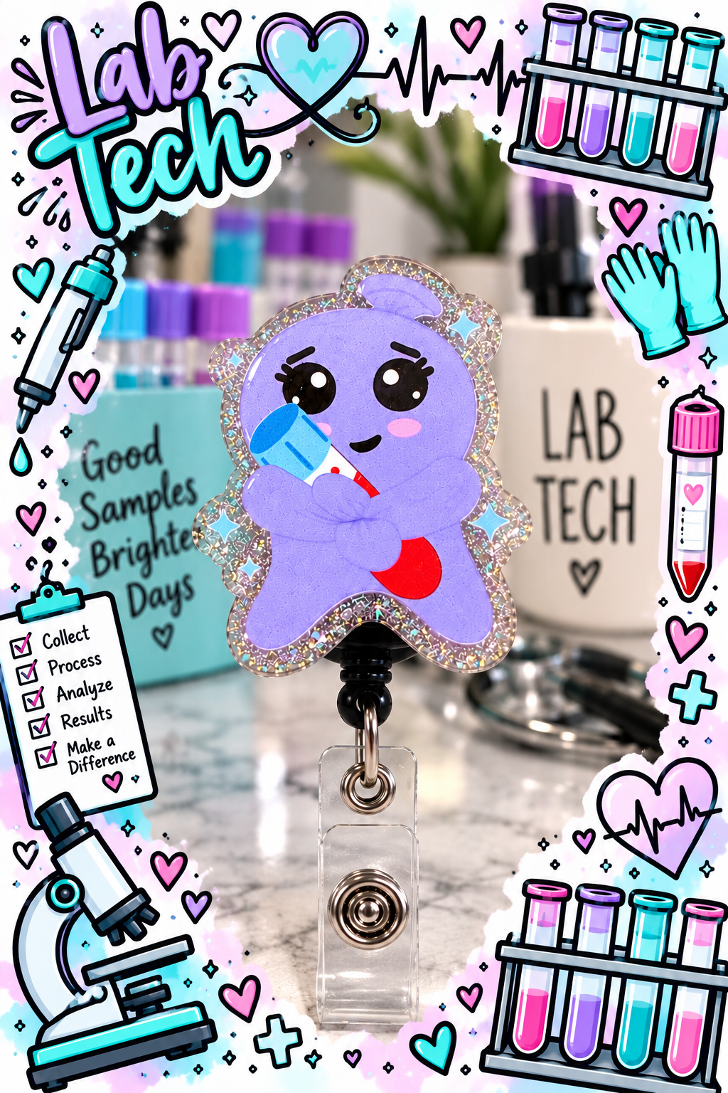 Close-up of purple lab character topper with blue star accents