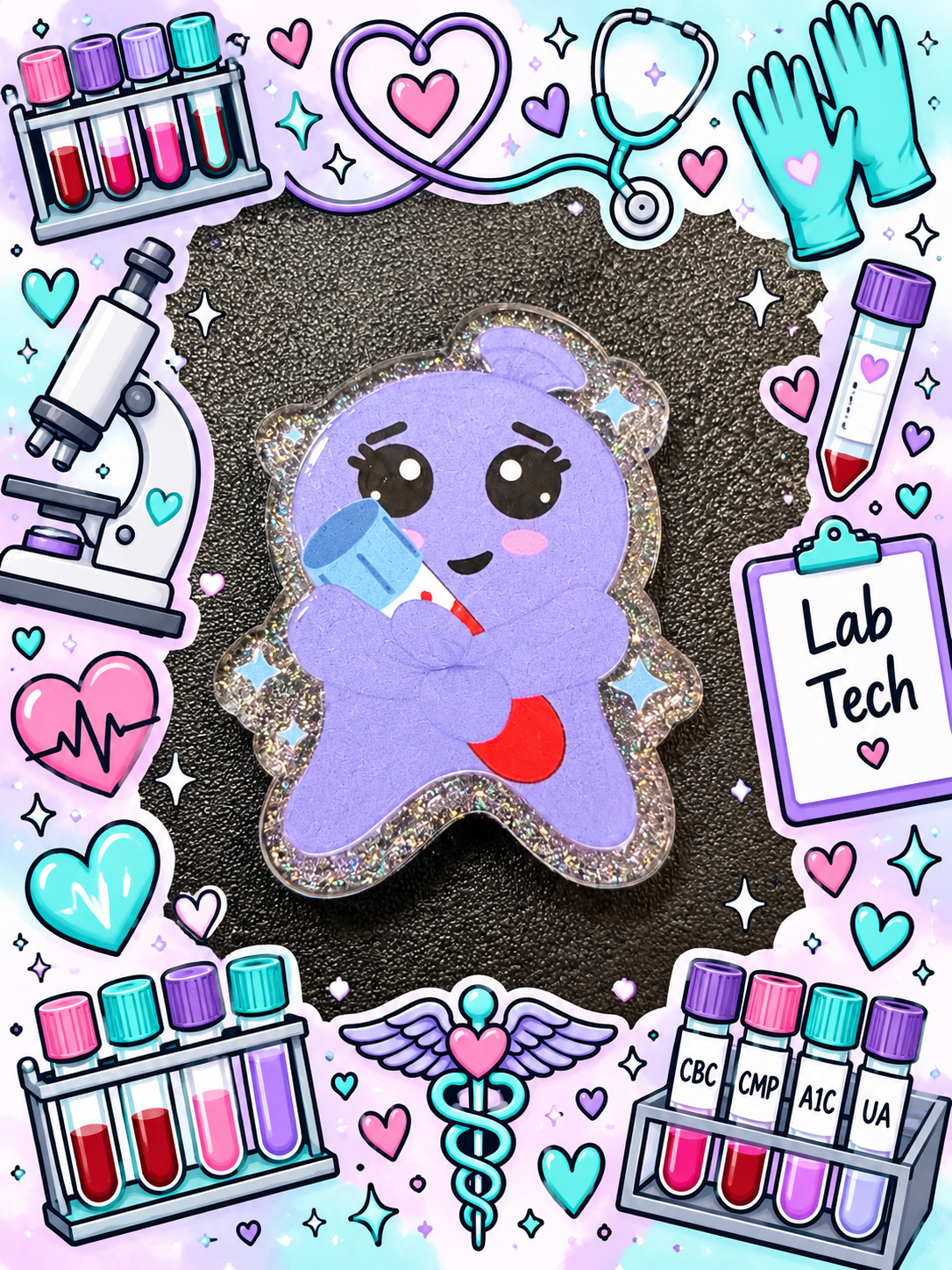 Purple blood tube character badge reel with clear snap strap in a phlebotomy-themed display