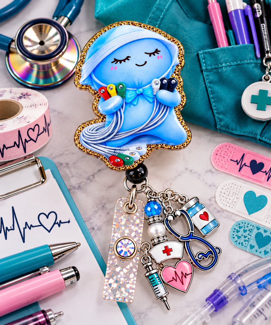 Blue medical character badge reel with gem-accented strap and decorative charm cluster