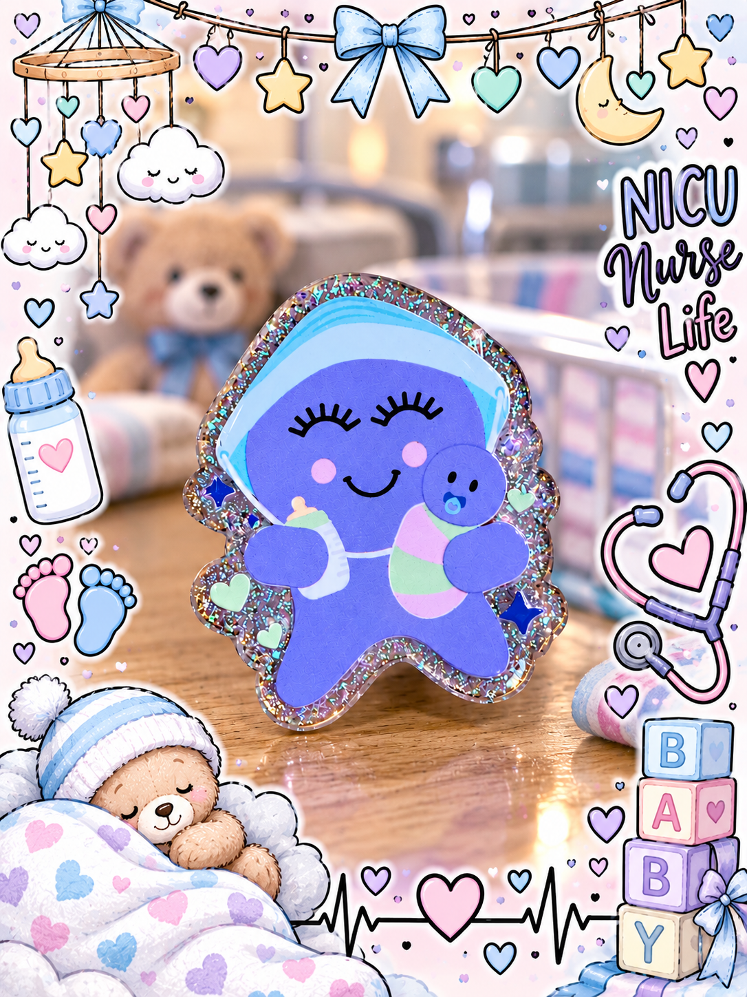 Glittery purple NICU nurse design displayed with nursery-themed accessories