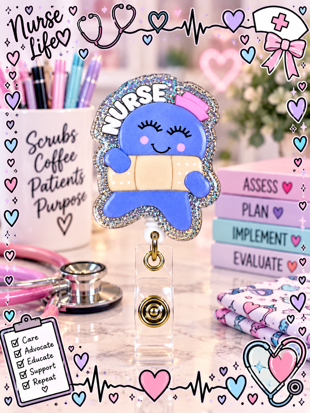 Blue nurse character badge reel with bandage and pink cap beside pastel desk accessories