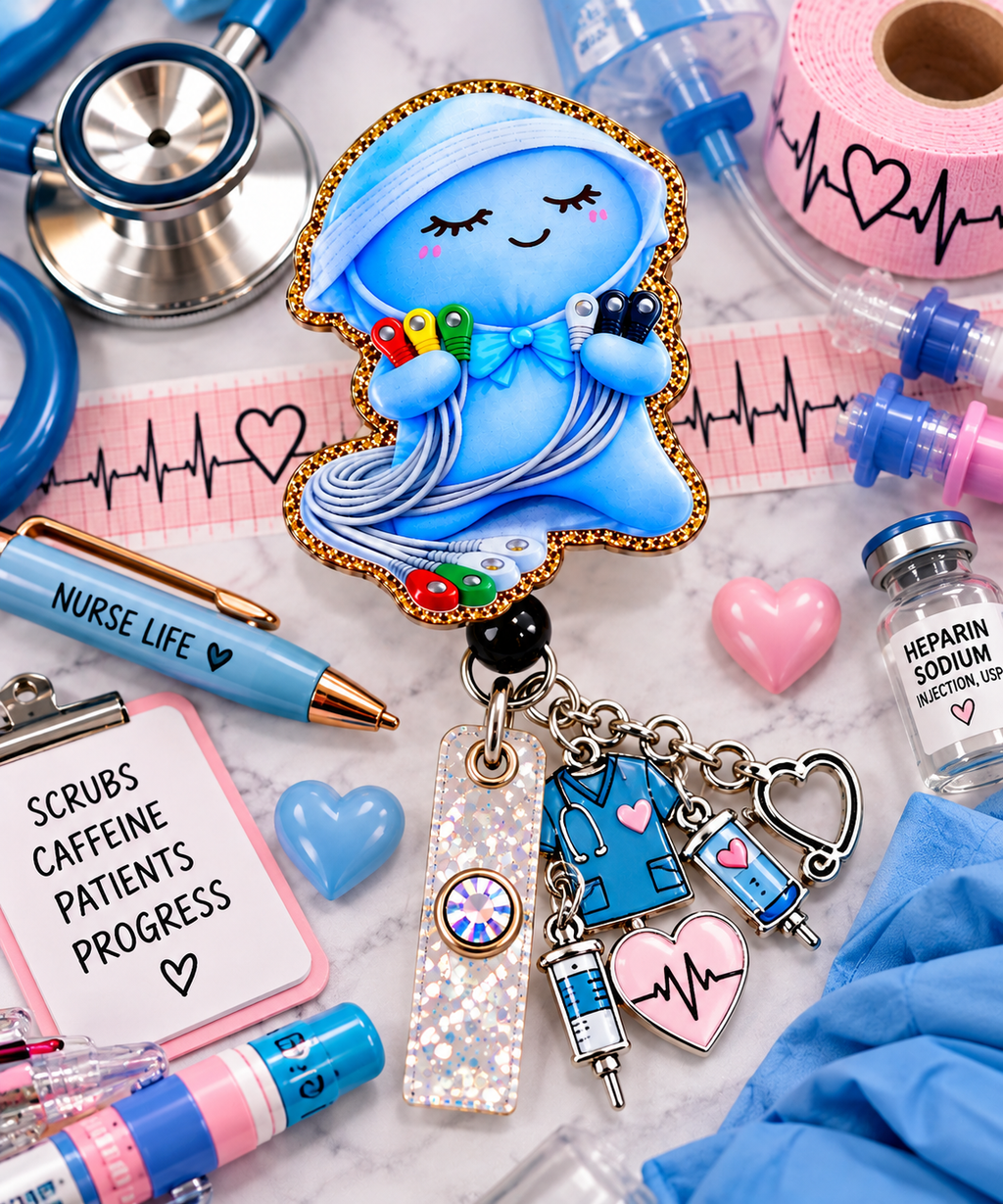 Blue EKG badge reel with glitter strap and medical charms in a healthcare-themed flat lay