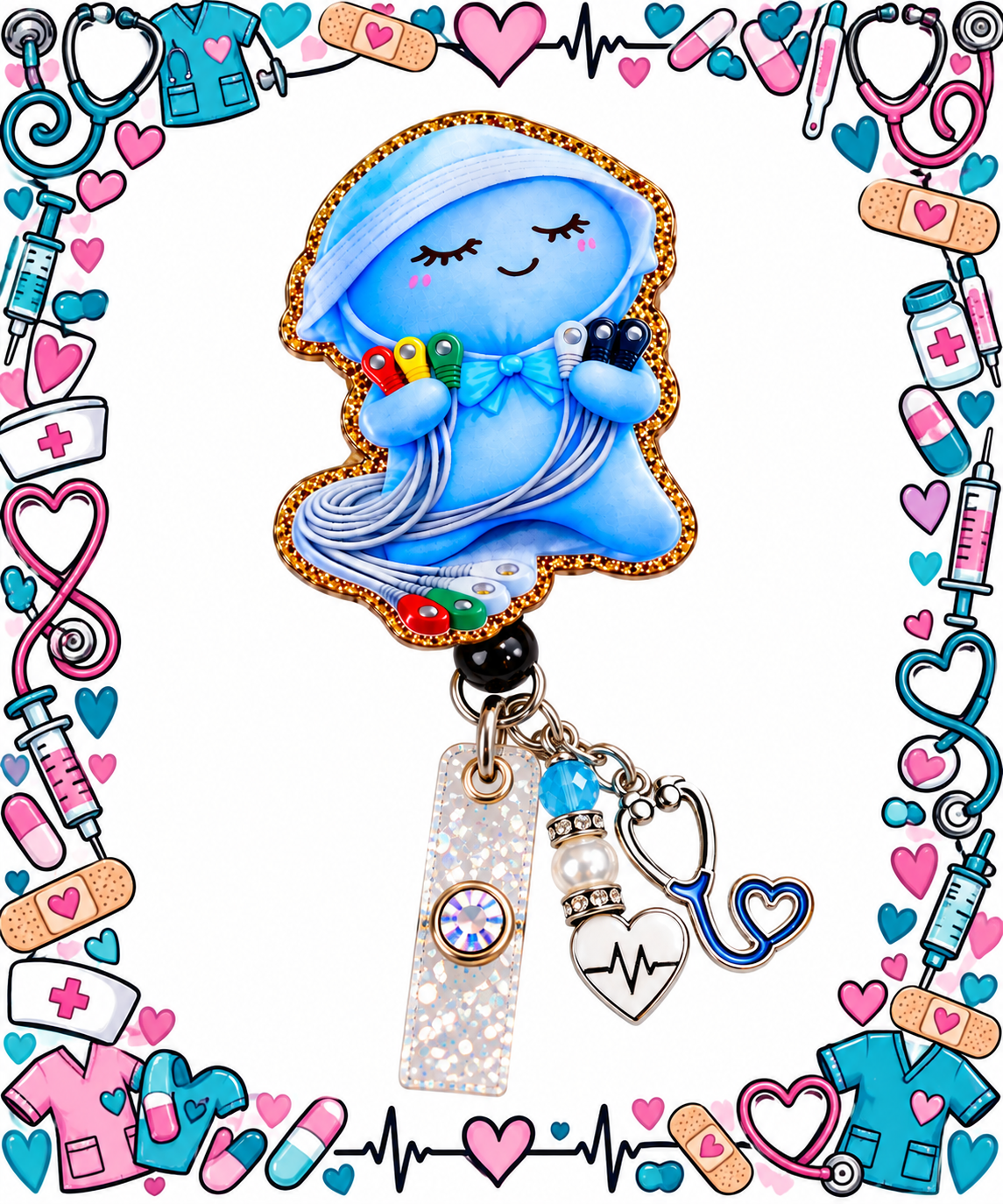 Smiling blue ECG character badge reel with dangling medical-themed charms