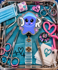 Purple Operating Room character badge reel with blue surgical cap on a medical-themed tray