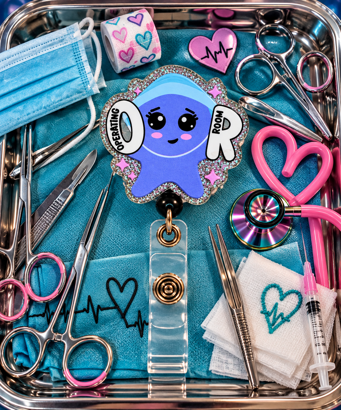 Purple Operating Room character badge reel with blue surgical cap on a medical-themed tray