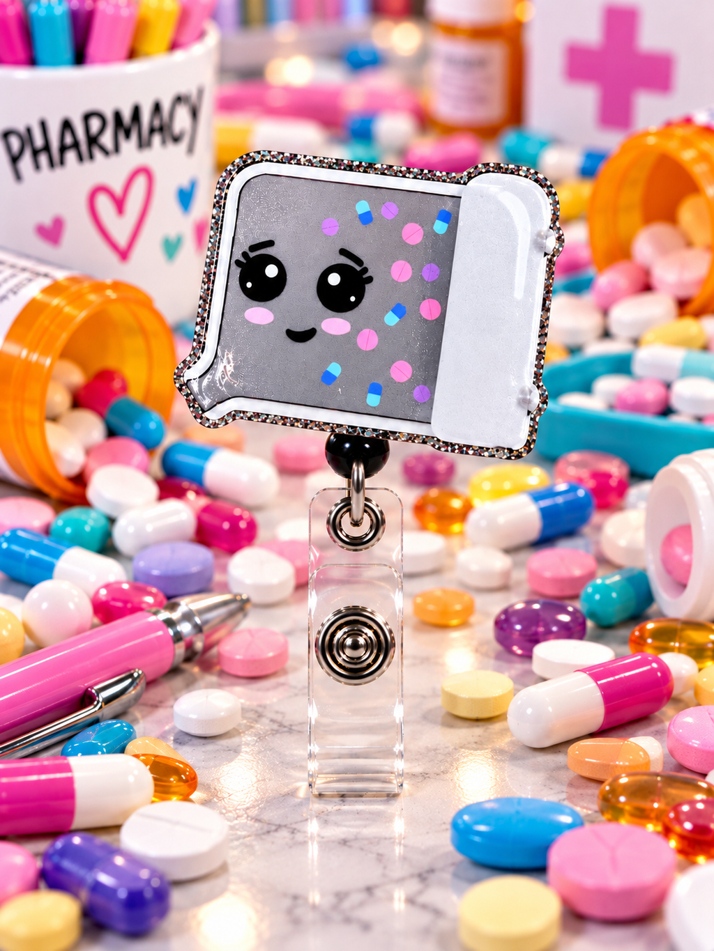Pharmacy badge reel with colorful pill artwork displayed among pharmacy-themed props