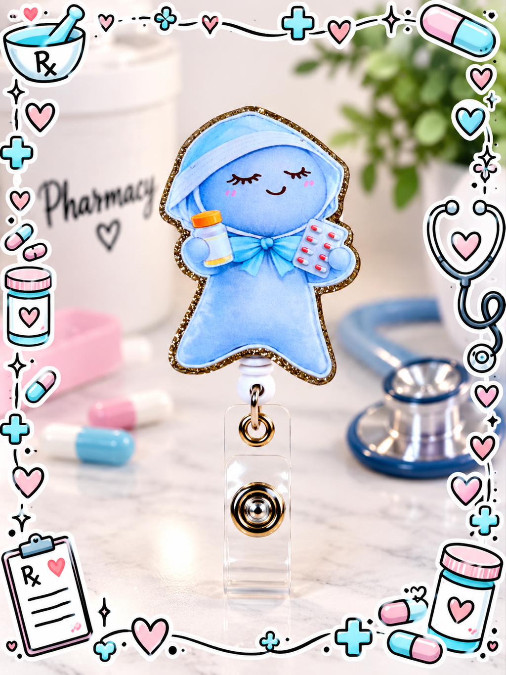 Cute blue pharmacy badge reel holding a medicine bottle and pill blister pack