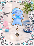 Cute blue pharmacy badge reel holding a medicine bottle and pill blister pack