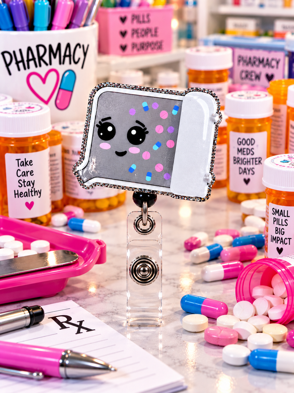 Cute pharmacy pill-counting tray badge reel with smiling face and glitter border
