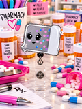 Cute pharmacy pill-counting tray badge reel with smiling face and glitter border