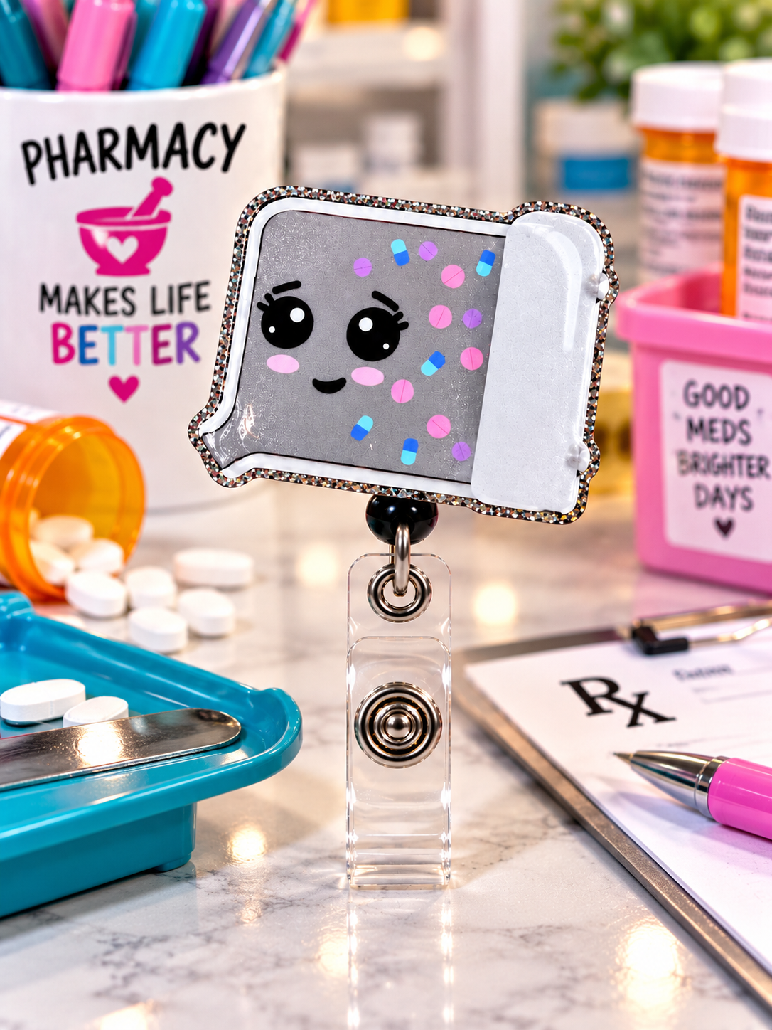 Smiling pill tray badge reel with clear snap strap in a pharmacy workspace display