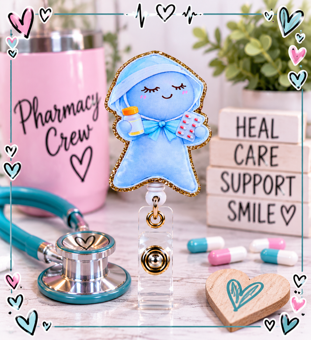 Smiling blue pharmacy character badge reel with sparkling border and clear snap strap