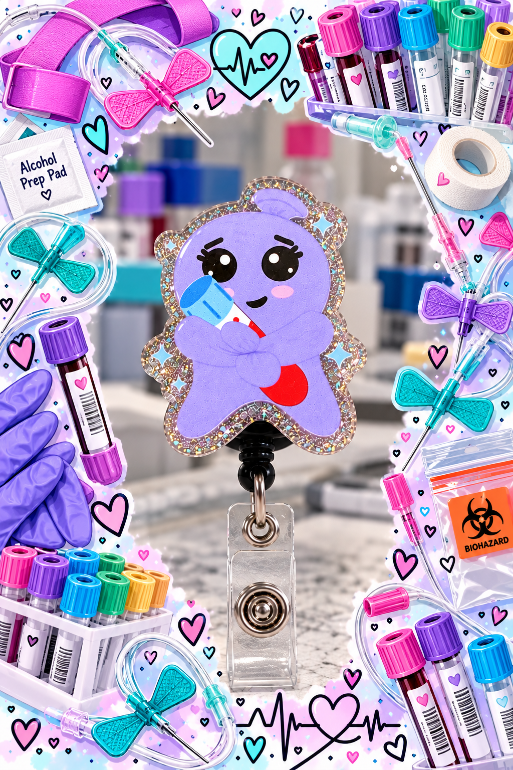 Cute purple lab tech badge reel displayed with laboratory accessories