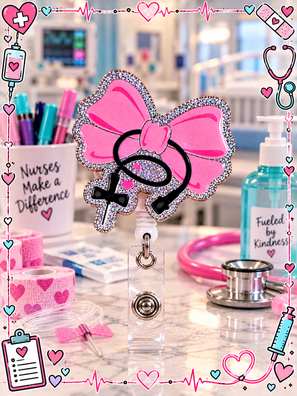 Pink phlebotomy bow badge reel displayed beside blood collection supplies