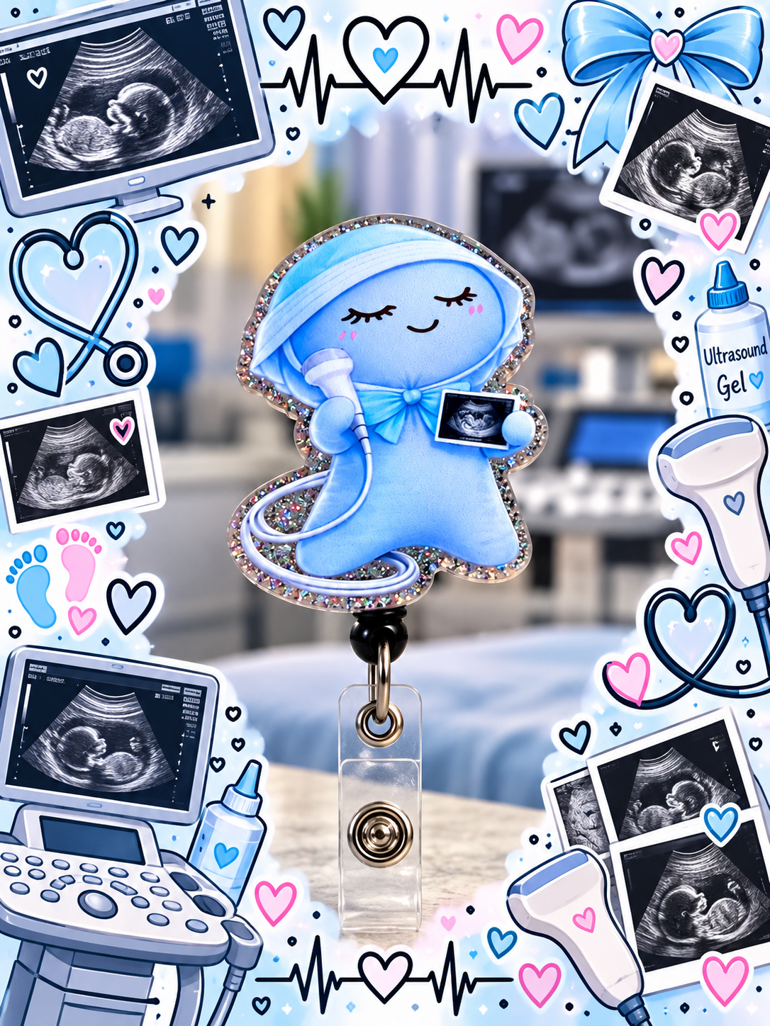 Sparkling blue ultrasound tech badge reel displayed with sonography-themed accessories