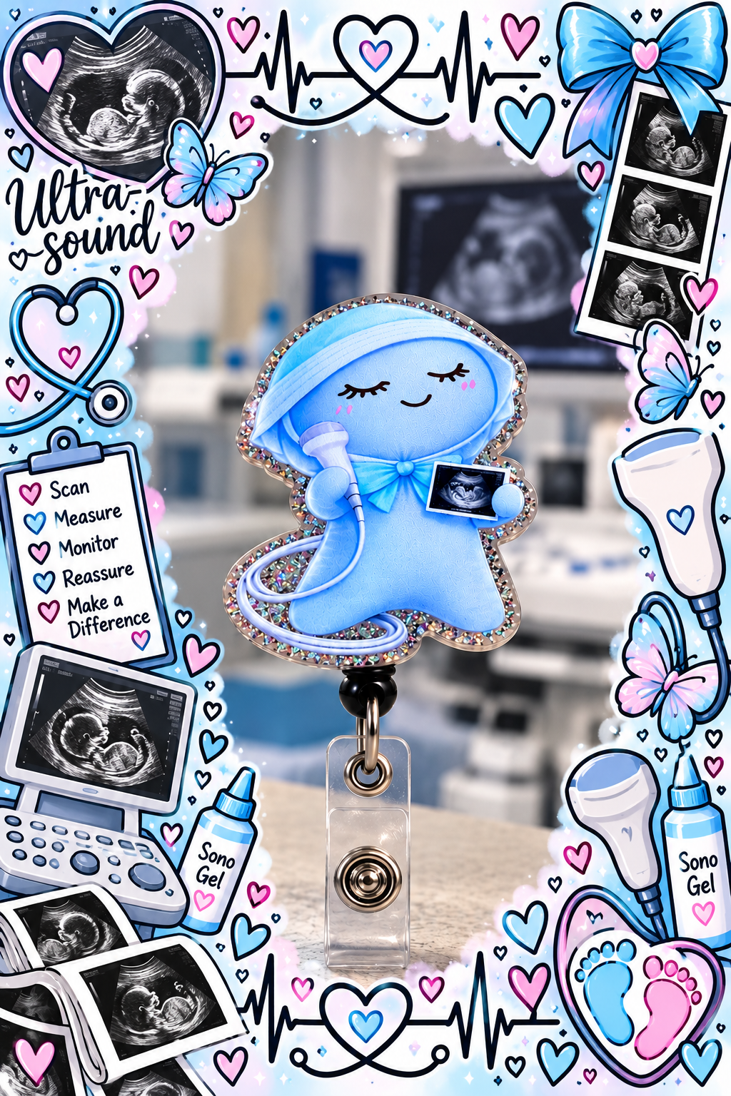 Ultrasound character badge reel with looping probe cord and tiny sonogram illustration
