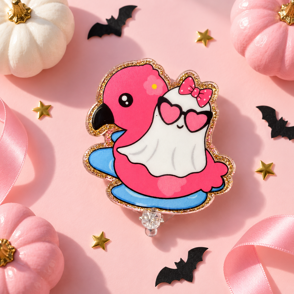 Ghost Flamingo Pool Float Badge Reel – Glitter Acrylic Halloween
