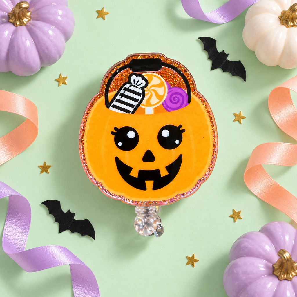 Halloween Pumpkin Candy Bucket Badge Reel