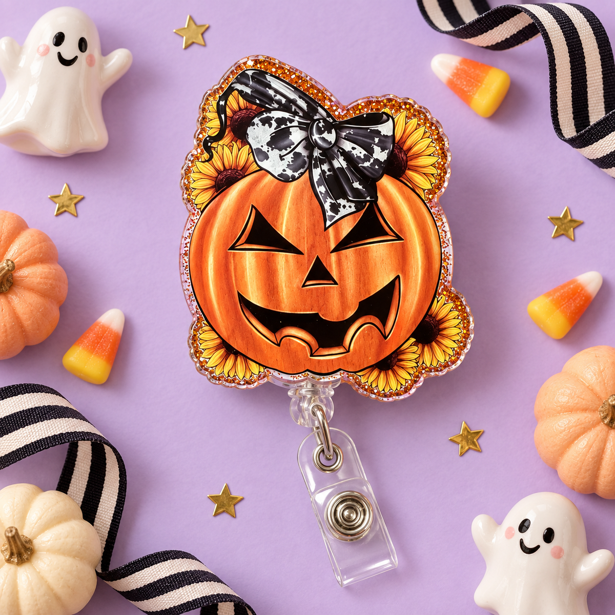 Pumpkin Sunflower & Cow-Print Bow Badge Reel