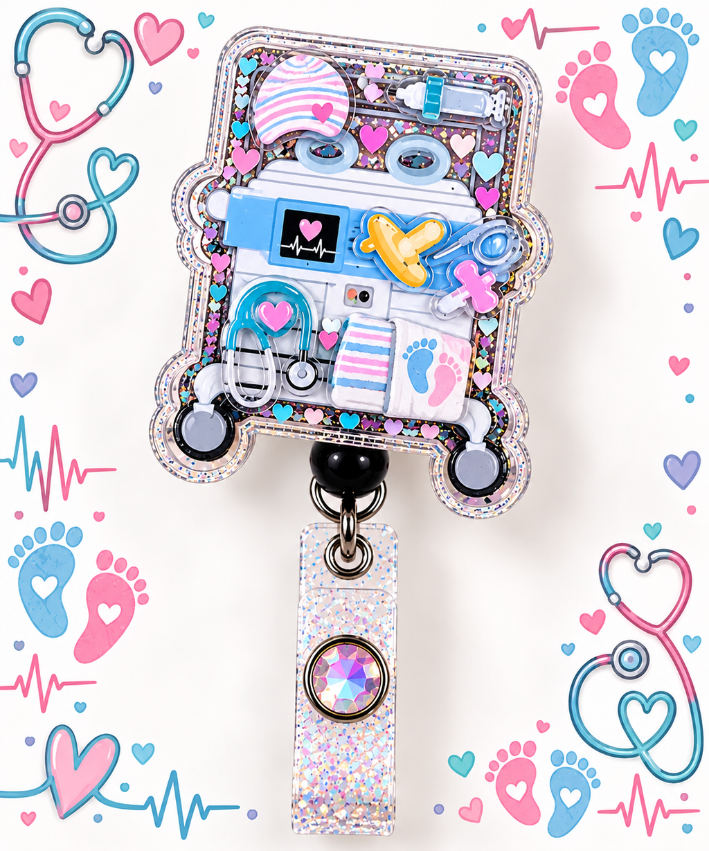 Pastel NICU incubator shaker badge reel with hearts, medical-themed details, and glitter strap