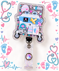 Pastel NICU incubator shaker badge reel with hearts, medical-themed details, and glitter strap