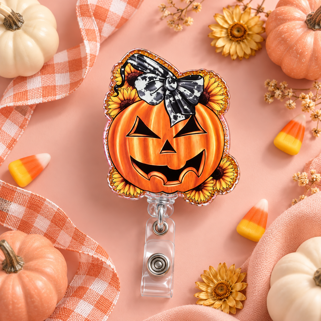 Pumpkin Sunflower & Cow-Print Bow Badge Reel