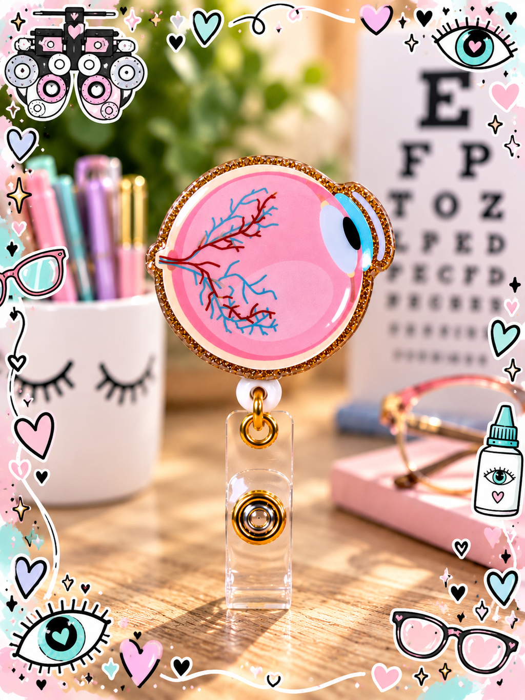 Pink anatomical eye badge reel in an eye-care themed display