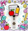 Teacher badge reel featuring a red apple, yellow pencil, and lined notebook paper with gold glitter edging