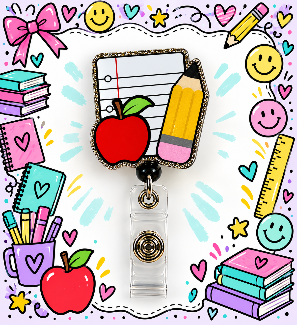 Teacher badge reel featuring a red apple, yellow pencil, and lined notebook paper with gold glitter edging