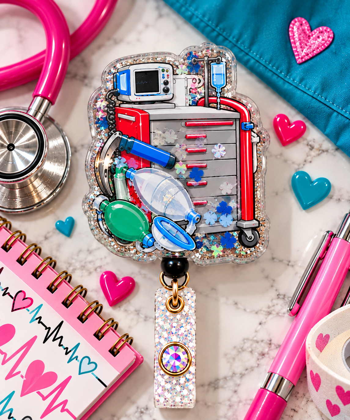 Medical crash cart shaker badge reel with gem-accented glitter strap in a pink and teal flat lay