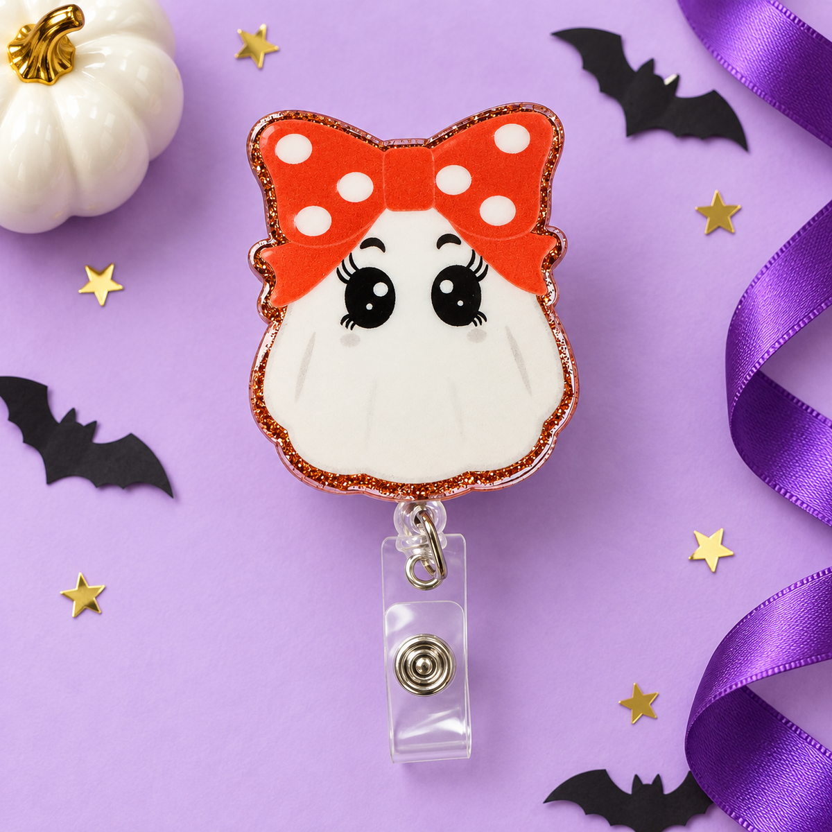 Ghost Bow Badge Reel – Glitter Acrylic Halloween