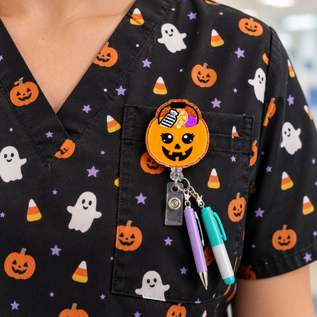 Orange jack-o'-lantern candy bucket badge reel clipped to a pocket of black Halloween scrubs