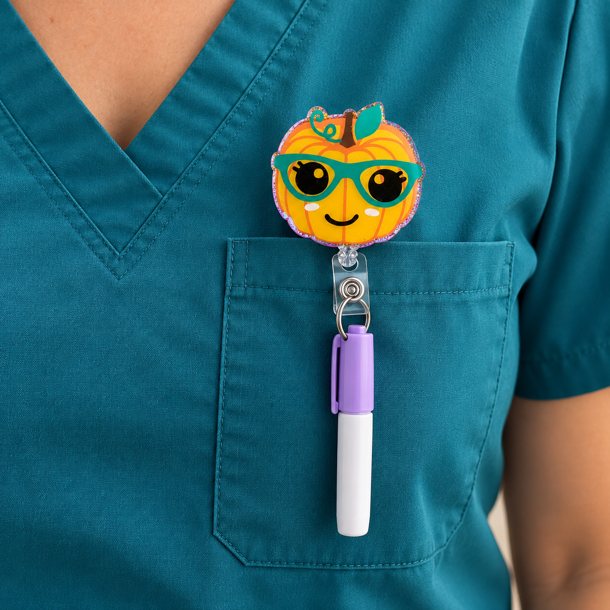 Glittery Pumpkin with Teal Glasses Badge Reel