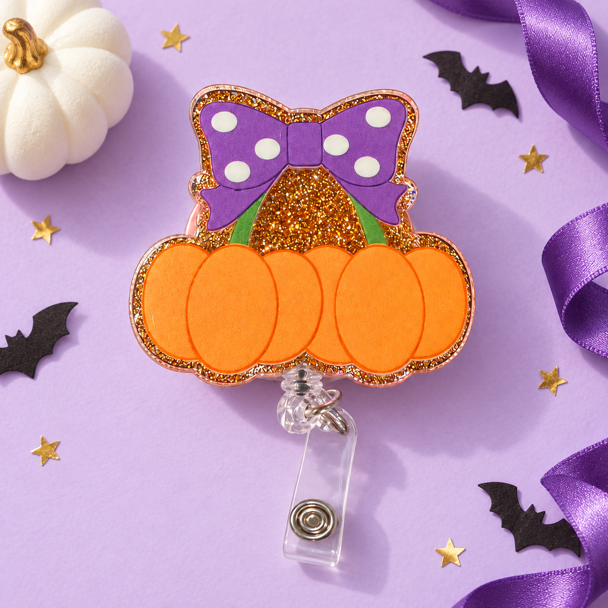 Pumpkin Bow Badge Reel – Glitter Acrylic Halloween