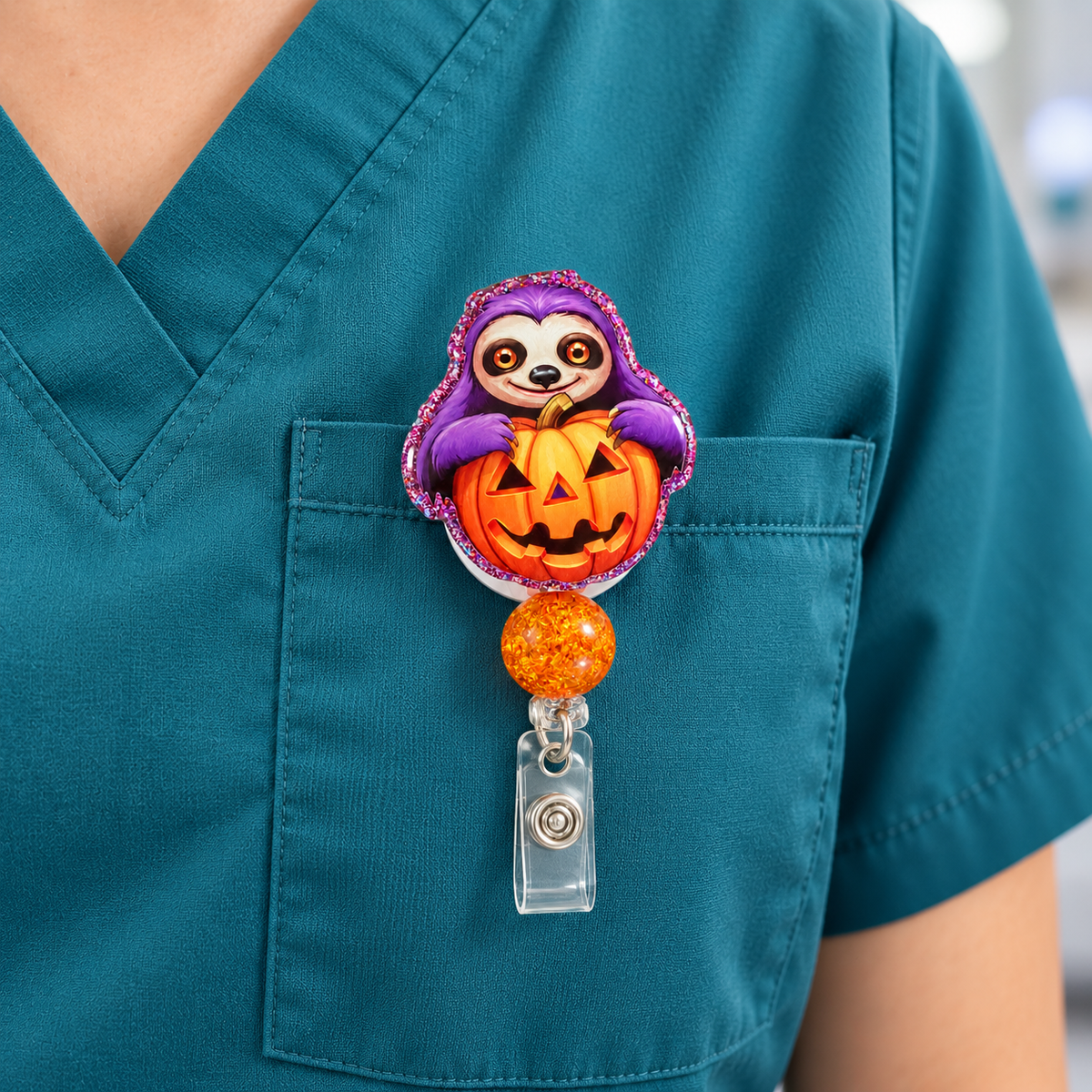 Purple Sloth Pumpkin Badge Reel – Glitter Acrylic Halloween