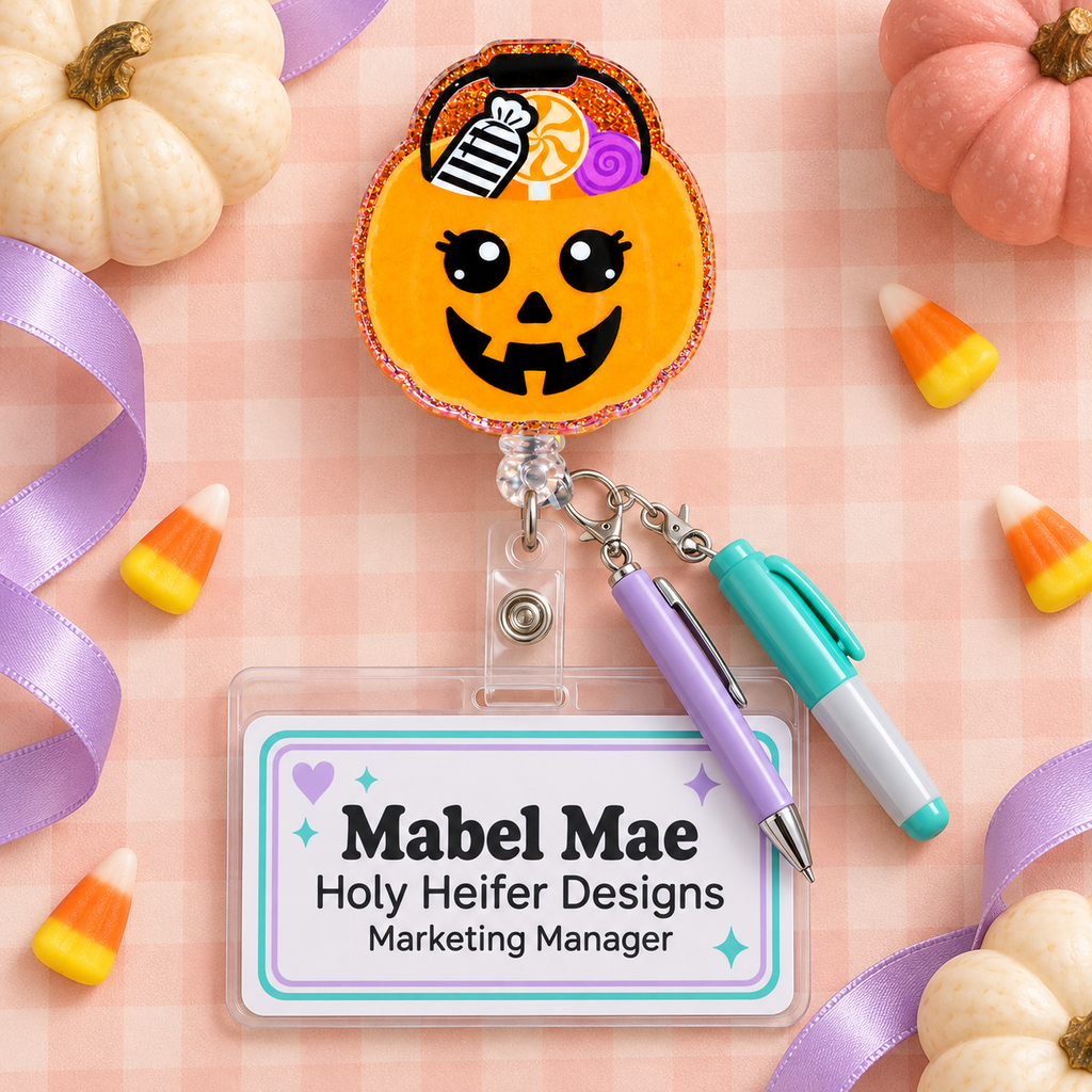 Halloween Pumpkin Candy Bucket Badge Reel