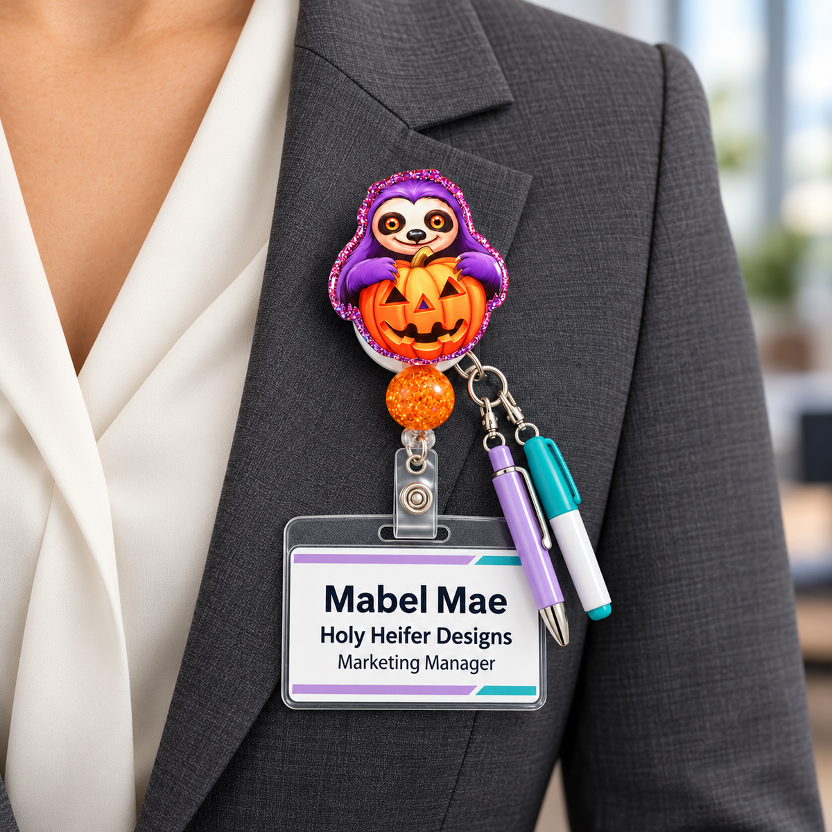 Purple Sloth Pumpkin Badge Reel – Glitter Acrylic Halloween