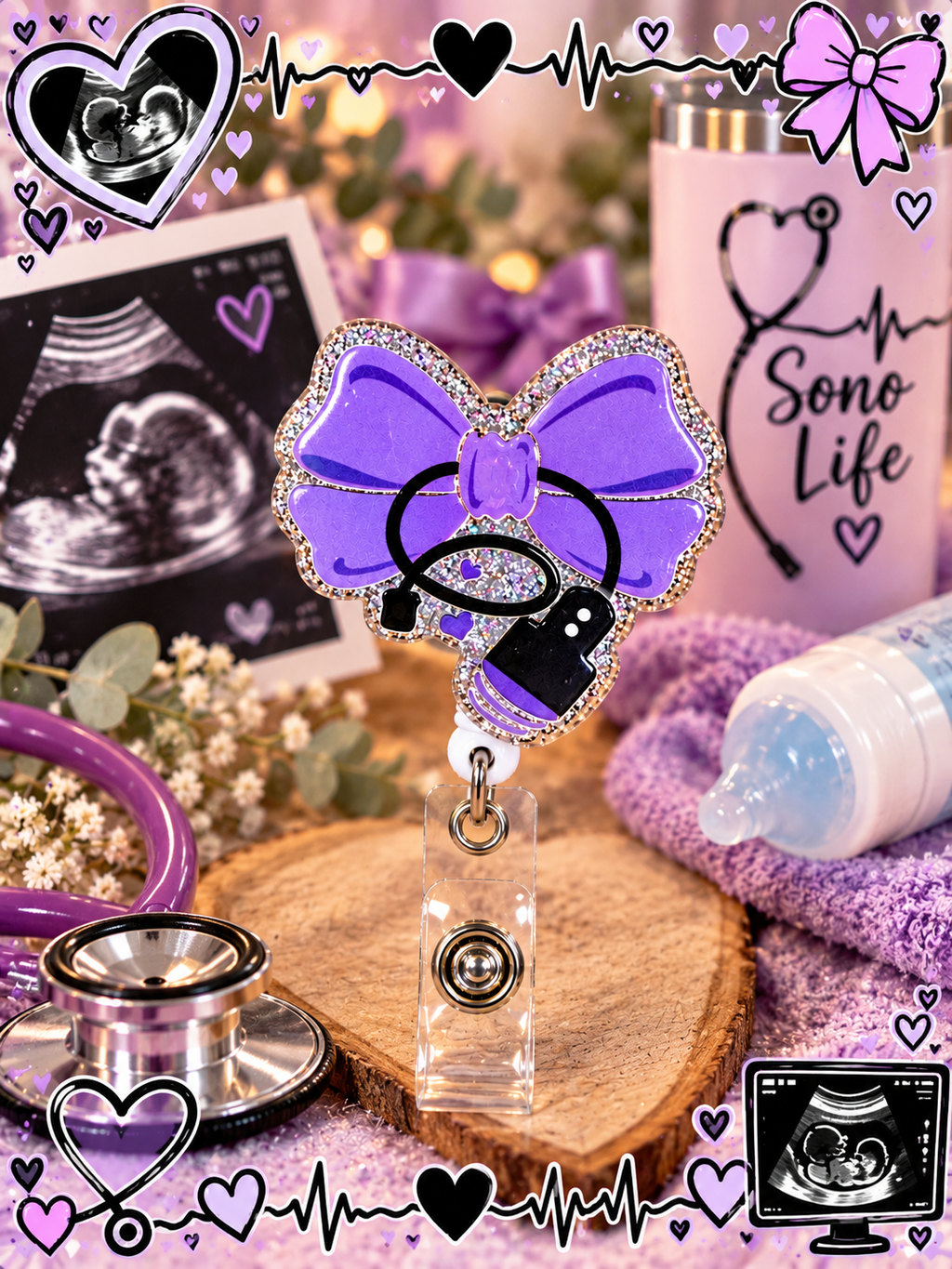 Purple ultrasound bow badge reel in a Sono Life themed display