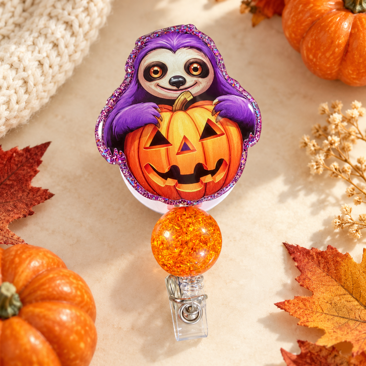 Purple Sloth Pumpkin Badge Reel – Glitter Acrylic Halloween