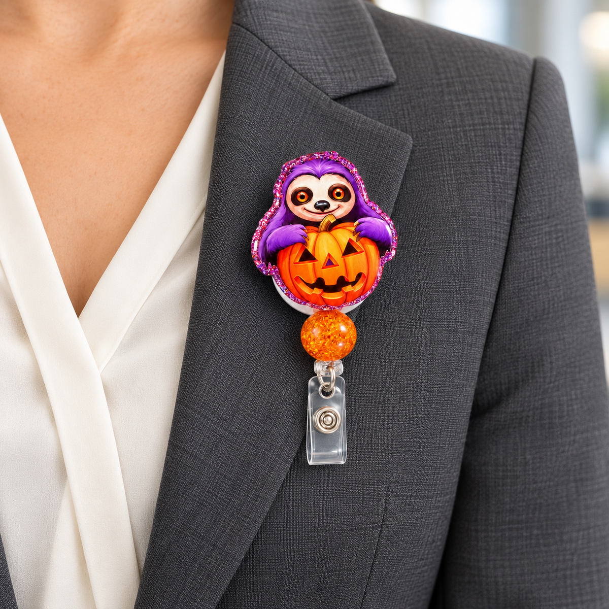 Purple Sloth Pumpkin Badge Reel – Glitter Acrylic Halloween