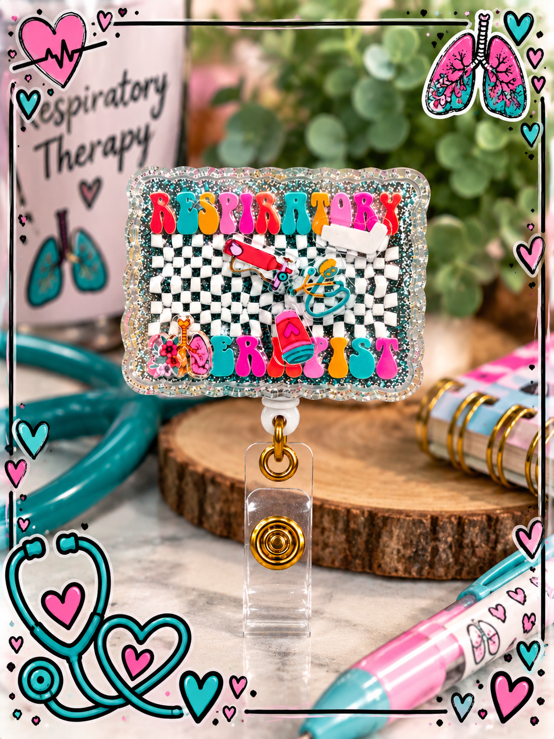 Respiratory therapy shaker badge reel with clear snap strap and gold-toned hardware