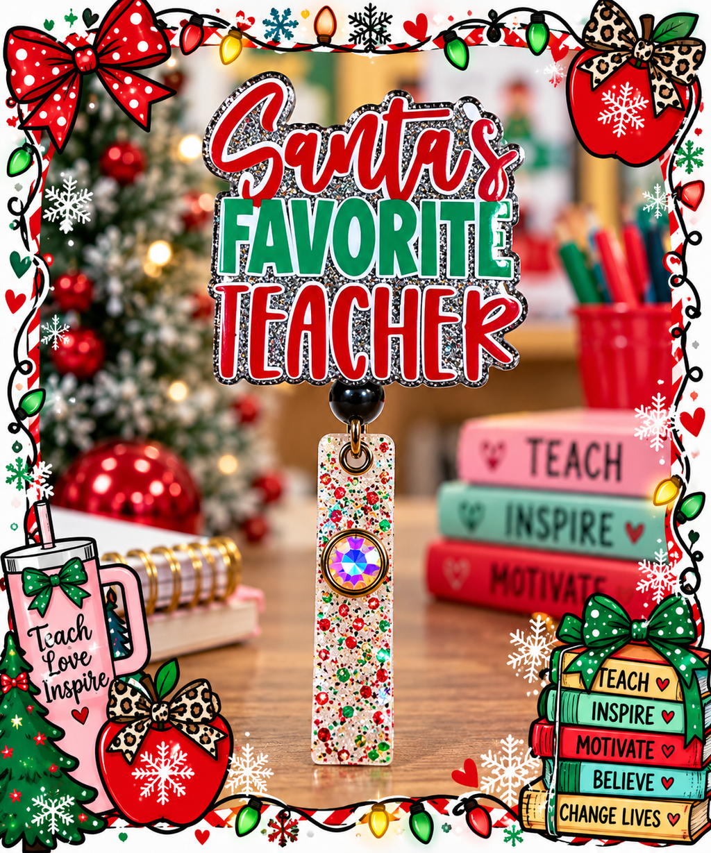 Santa's Favorite Teacher Christmas badge reel with red and green lettering and festive glitter strap