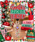 Santa's Favorite Teacher Christmas badge reel with red and green lettering and festive glitter strap