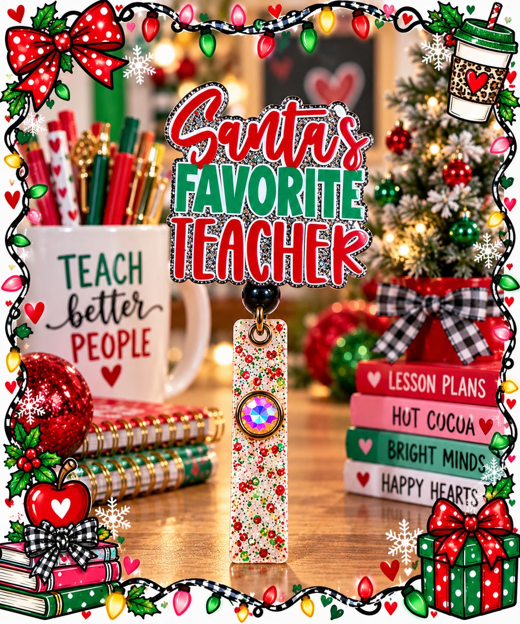 Santa's Favorite Teacher badge reel with gem-accented holiday strap in a classroom-themed Christmas display