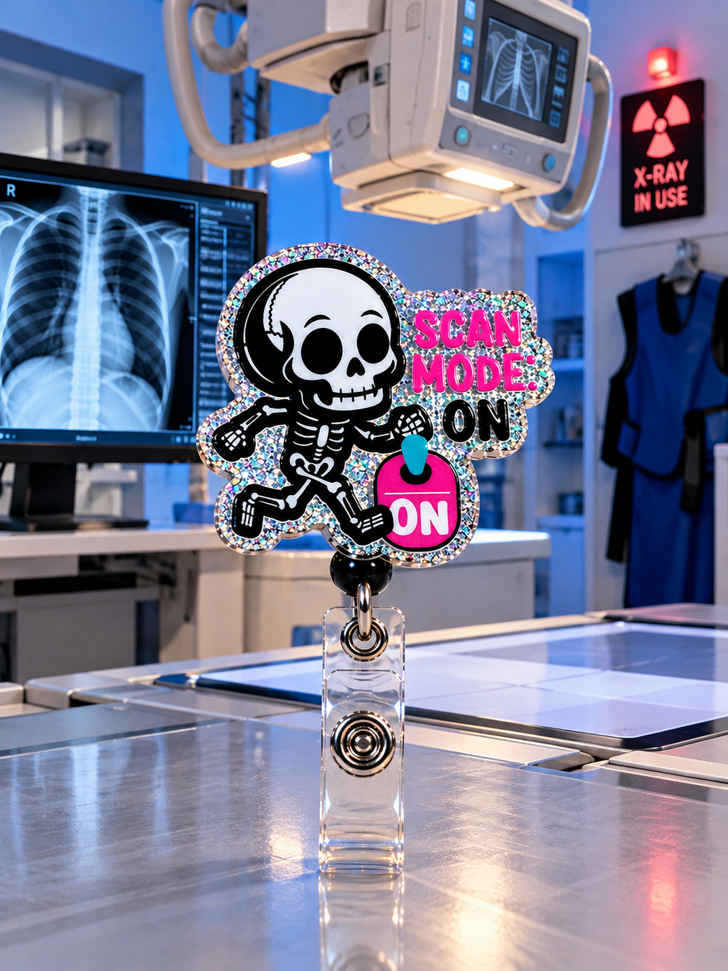 Glitter skeleton Scan Mode On badge reel in a colorful rad tech desk display