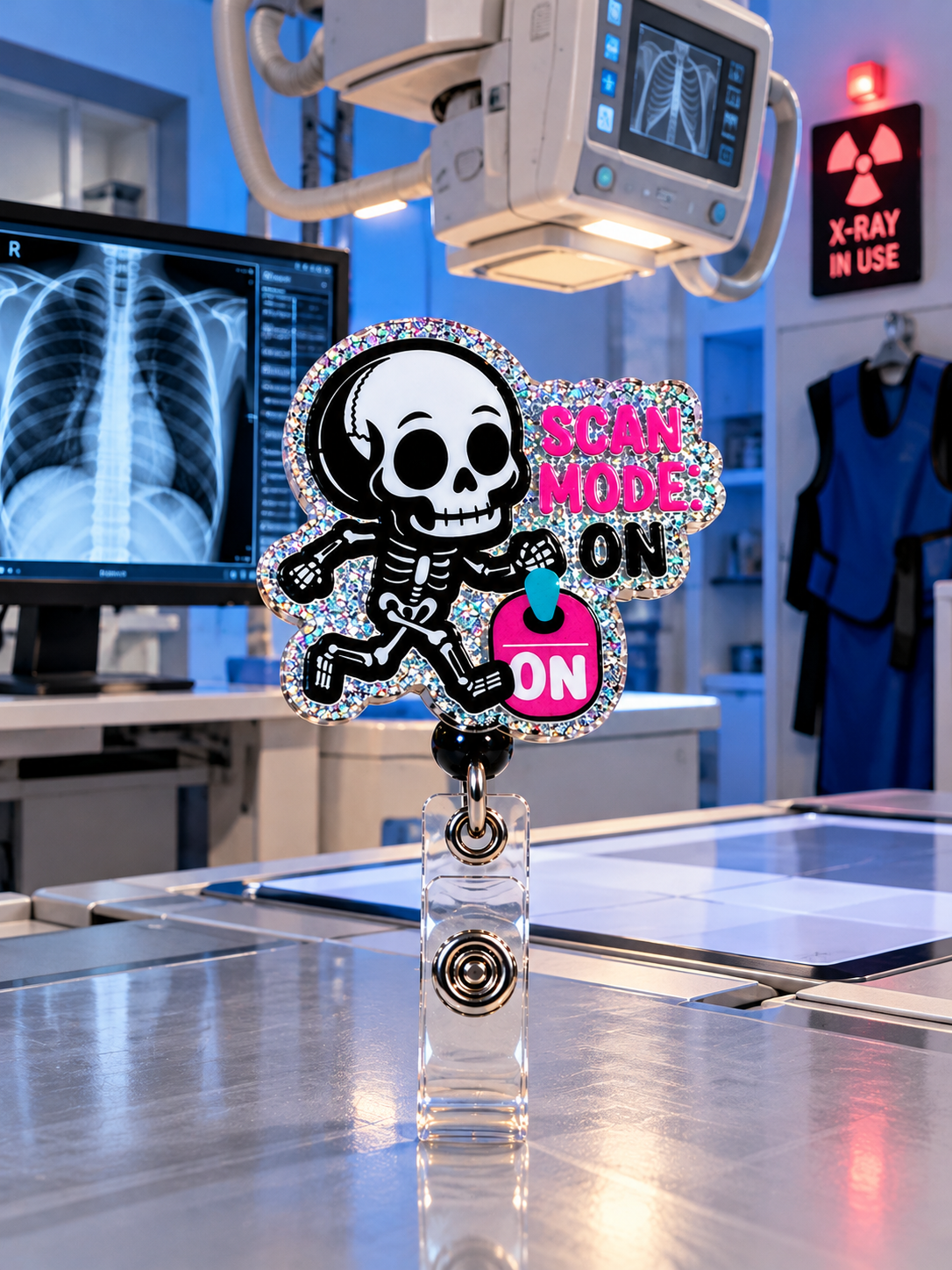 Glitter skeleton Scan Mode On badge reel in a colorful rad tech desk display