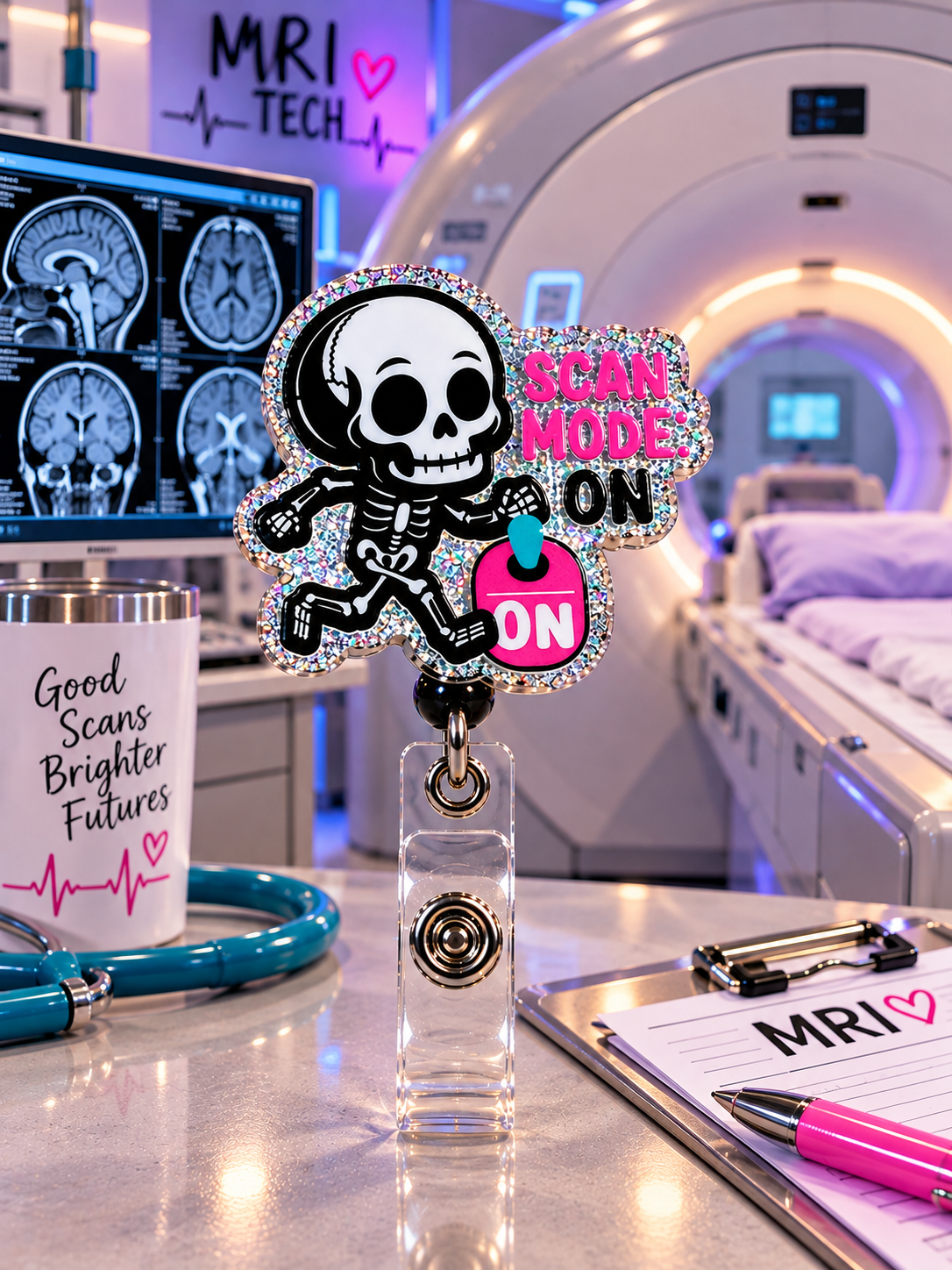 Scan Mode On badge reel framed by pink and teal X-ray illustrations